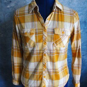 Passport Girl Gold Cream Plaid Long Roll-Tab Sleeve Button-Up Shirt ~14~